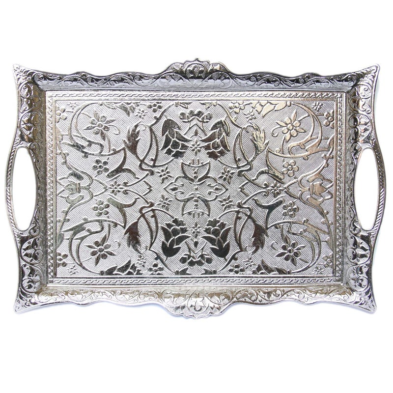 Alisveristime Ottoman Turkish Zamak Serving Tray with Traditional Motifs, Ideal for Coffee and Tea - Six Person Tray (14.5 x 9.85 in) (Silver) - Image 4